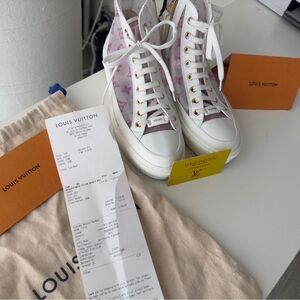 Louis Vuitton White and Pink High-Top Sneakers